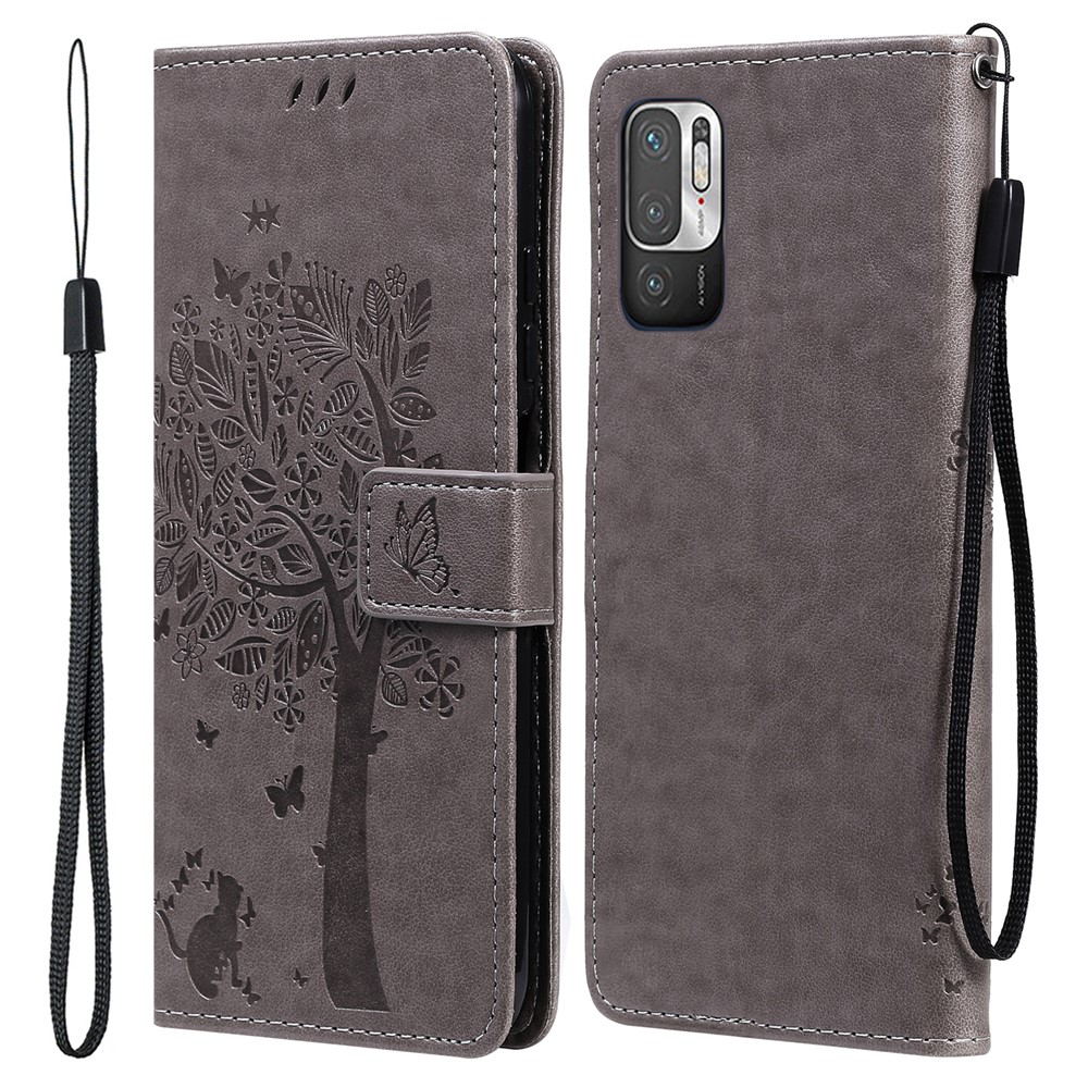 Imprinted Cat Tree Leather Coated TPU Card Holder Case with Kickstand for Xiaomi Redmi Note 10 5G / Poco M3 Pro 5G - Grey-1