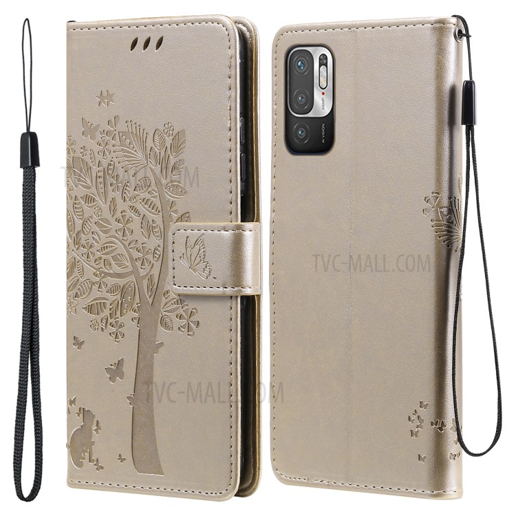 Imprinted Cat Tree Leather Coated TPU Card Holder Case with Kickstand for Xiaomi Redmi Note 10 5G / Poco M3 Pro 5G - Gold-1