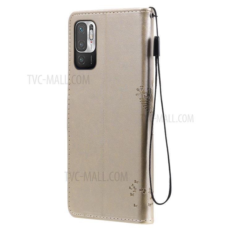 Imprinted Cat Tree Leather Coated TPU Card Holder Case with Kickstand for Xiaomi Redmi Note 10 5G / Poco M3 Pro 5G - Gold-4