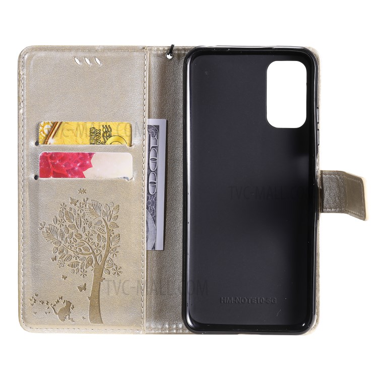 Imprinted Cat Tree Leather Coated TPU Card Holder Case with Kickstand for Xiaomi Redmi Note 10 5G / Poco M3 Pro 5G - Gold-7
