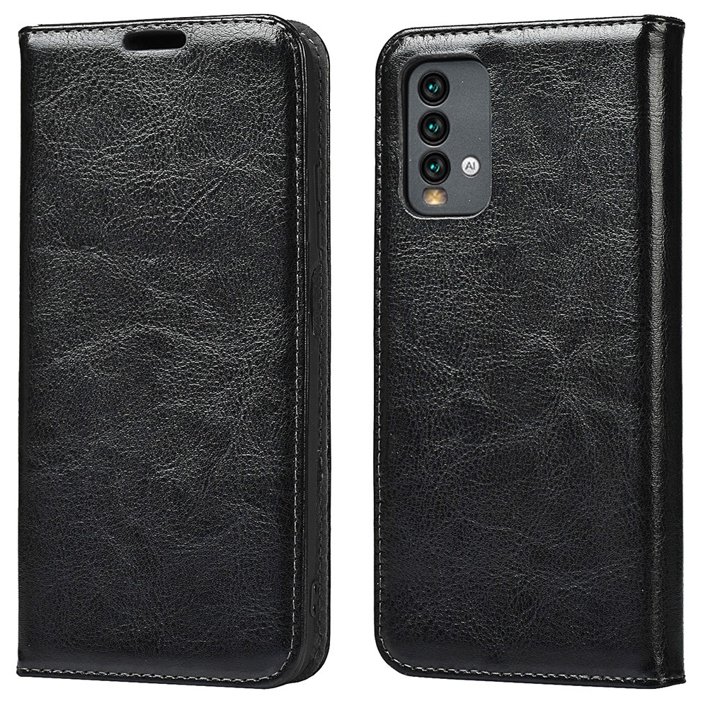Genuine Leather Crazy Horse Texture Wallet Stand Phone Case Protector for Xiaomi Redmi Note 9 4G (Qualcomm Snapdragon 662) - Black-1