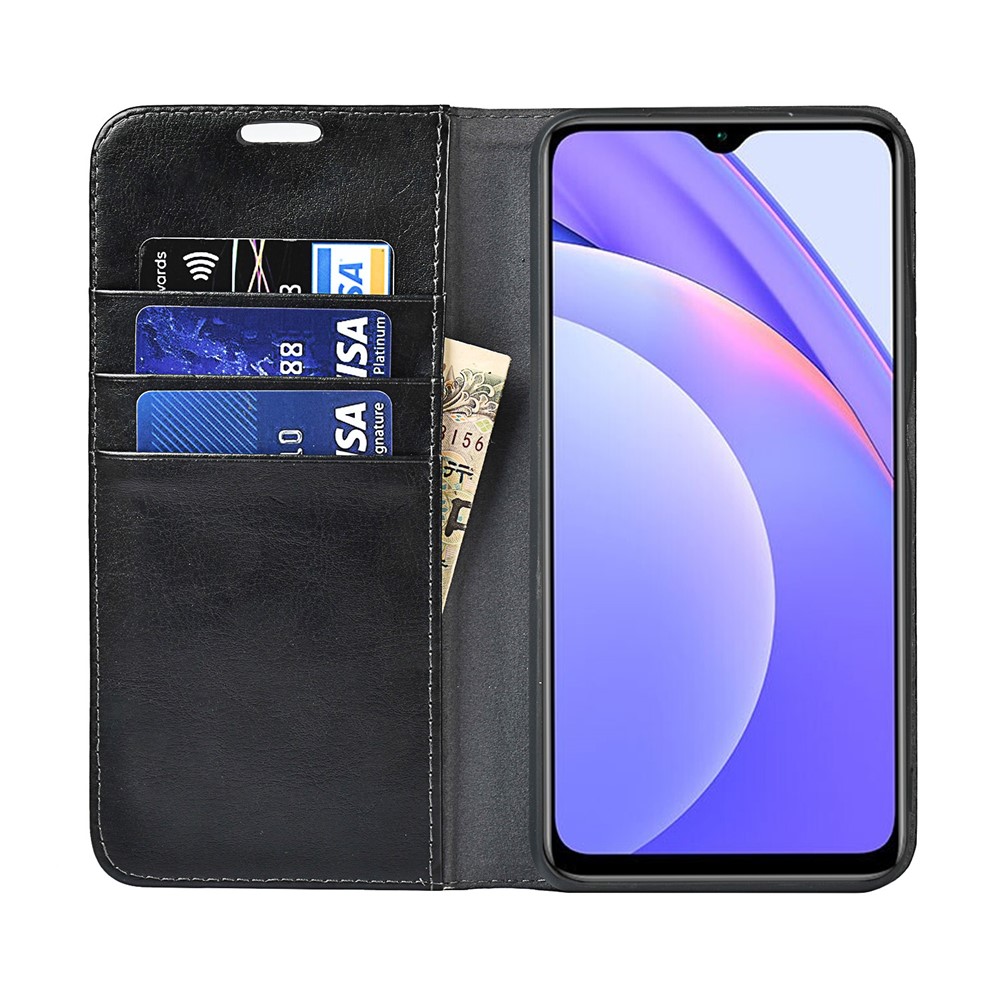 Genuine Leather Crazy Horse Texture Wallet Stand Phone Case Protector for Xiaomi Redmi Note 9 4G (Qualcomm Snapdragon 662) - Black-6