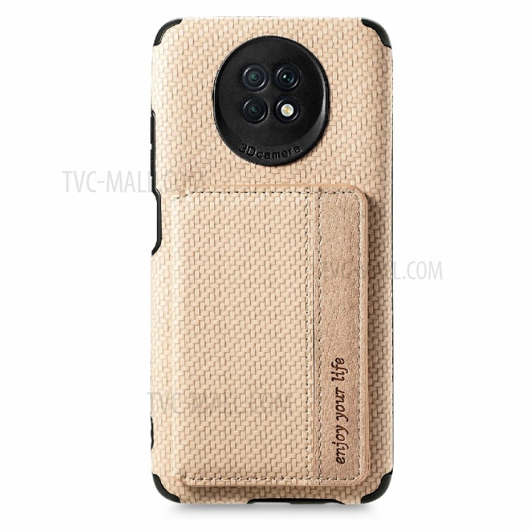 Textura de Fibra de Carbono PU Concluído de Couro Com Casca de Caixa Com Kickstand e Carteira Para Xiaomi Redmi Note 9T 5G / Nota 9 5g - Cáqui-2
