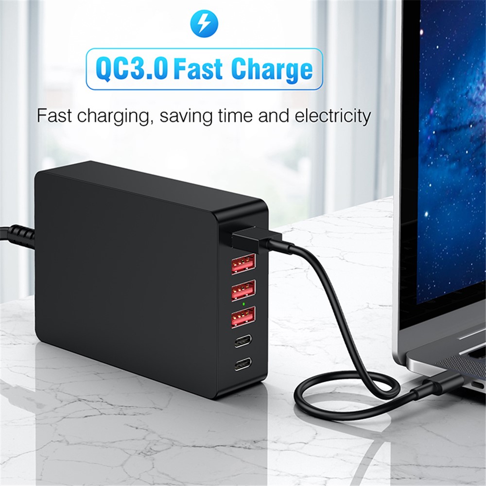 6 Ports Dual Type-C+QC3.0 Phone Tablet Wall Charger Fast Charging Power Adapter - US Plug-2