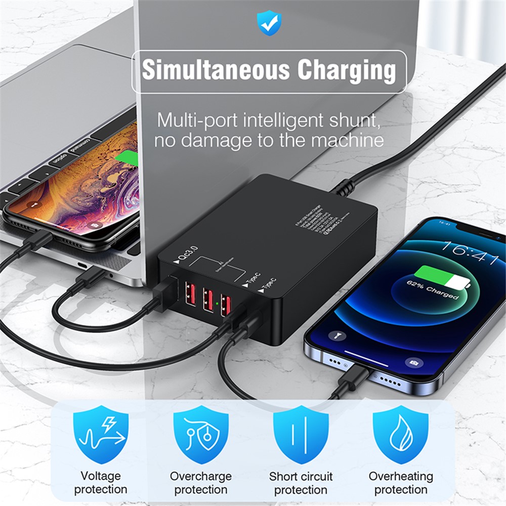 6 Ports Dual Type-C+QC3.0 Phone Tablet Wall Charger Fast Charging Power Adapter - US Plug-3