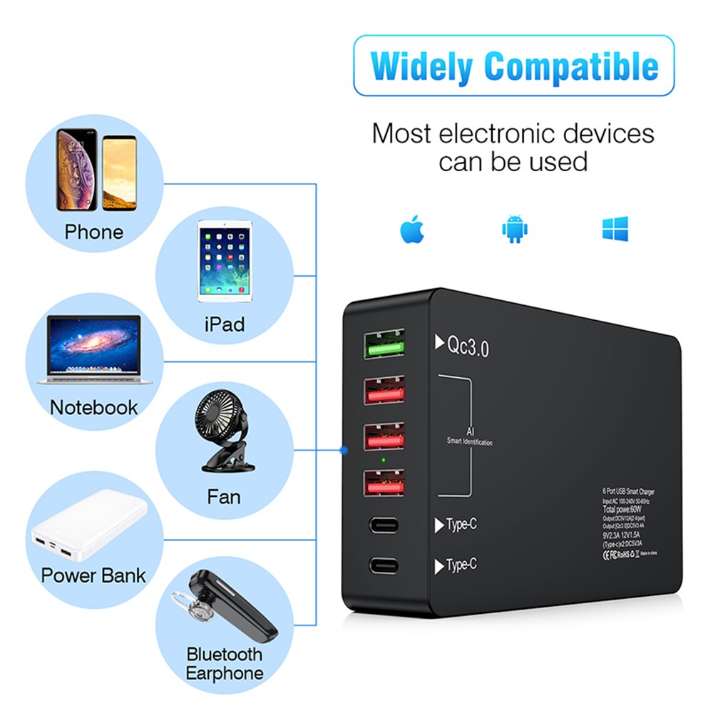 6 Ports Dual Type-C+QC3.0 Phone Tablet Wall Charger Fast Charging Power Adapter - US Plug-4