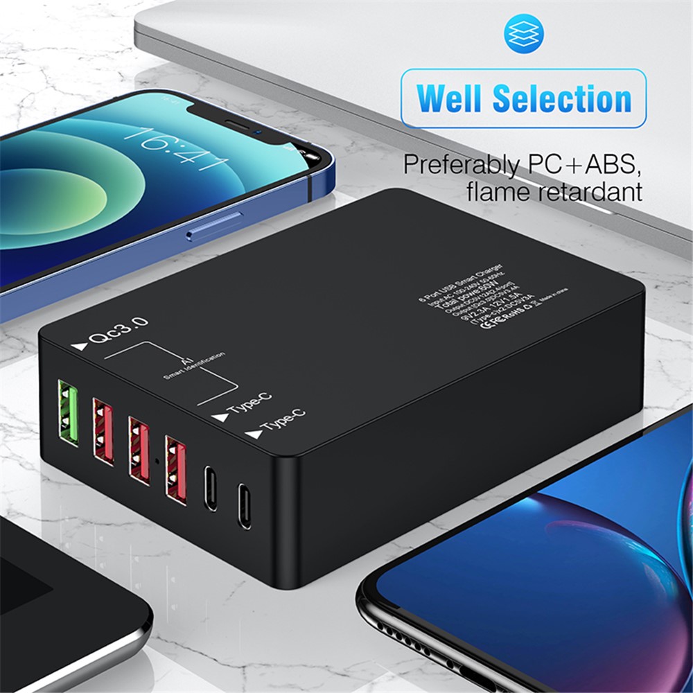 6 Ports Dual Type-C+QC3.0 Phone Tablet Wall Charger Fast Charging Power Adapter - US Plug-6