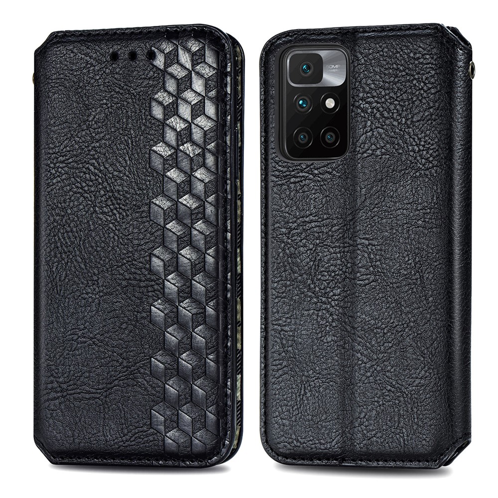 Stylish Rhombus Pattern Imprinted Magnetic Auto-absorbed Stand Wallet Leather Phone Cover Case for Xiaomi Redmi 10/Redmi 10 Prime - Black-1