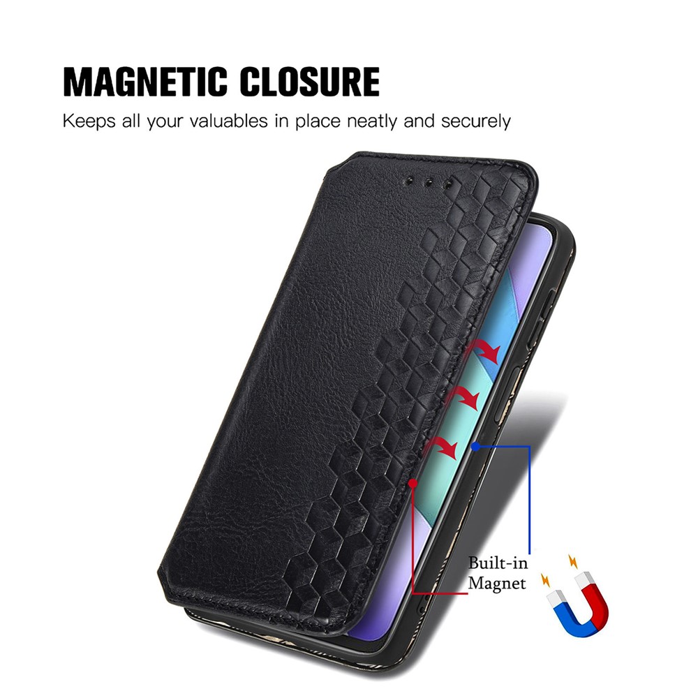 Stylish Rhombus Pattern Imprinted Magnetic Auto-absorbed Stand Wallet Leather Phone Cover Case for Xiaomi Redmi 10/Redmi 10 Prime - Black-7