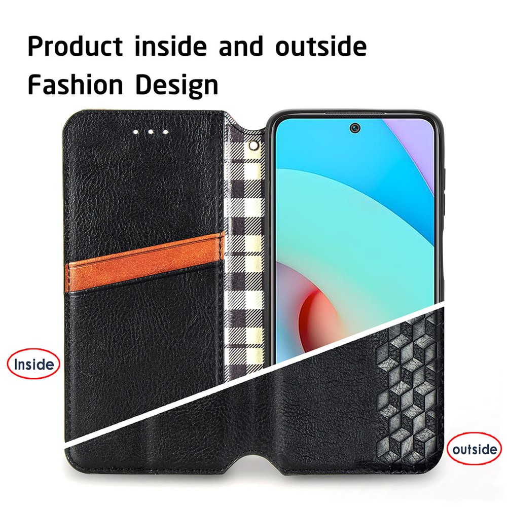 Stylish Rhombus Pattern Imprinted Magnetic Auto-absorbed Stand Wallet Leather Phone Cover Case for Xiaomi Redmi 10/Redmi 10 Prime - Black-8