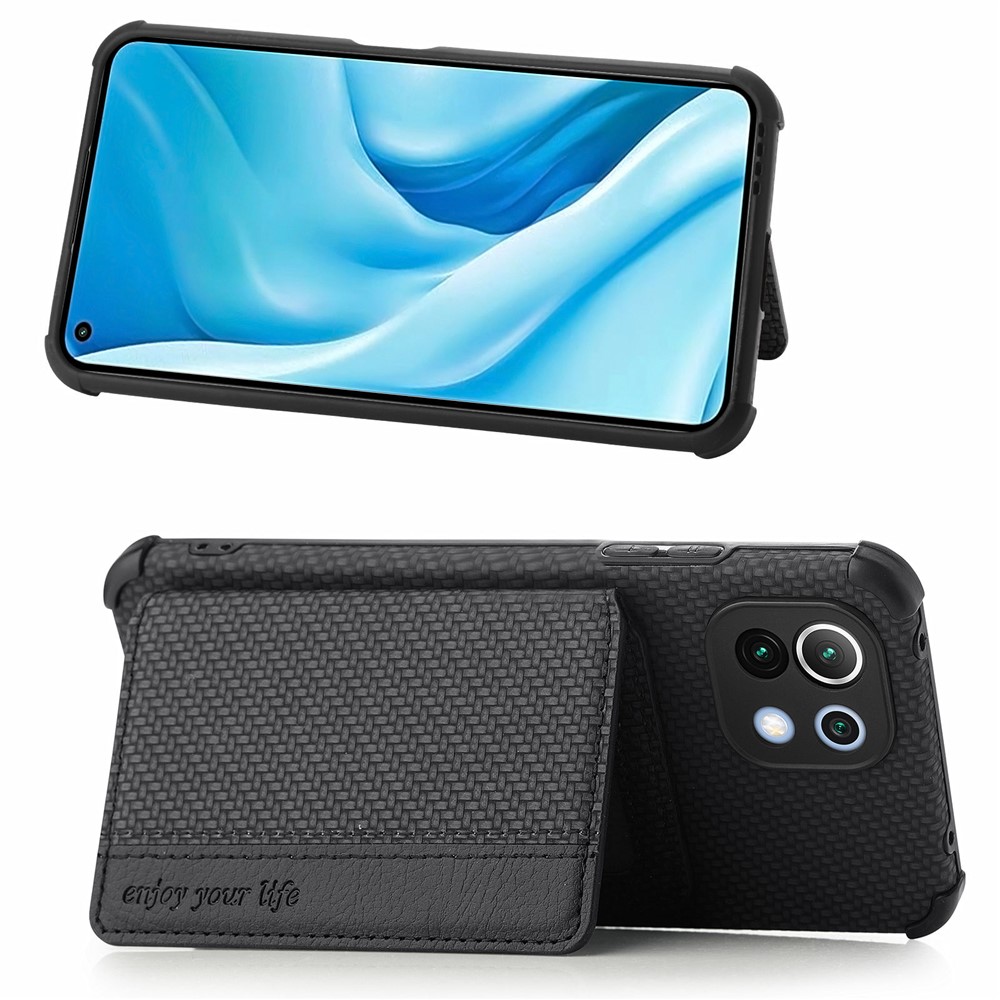 Wallet Design Eingebauter Magnetblatt Blech Kohlefaser Textur Lederbeschichtete Hybrid-Telefon-Abdeckungs-Hülle Mit Kickstand Für Xiaomi Mi 11 - Schwarz