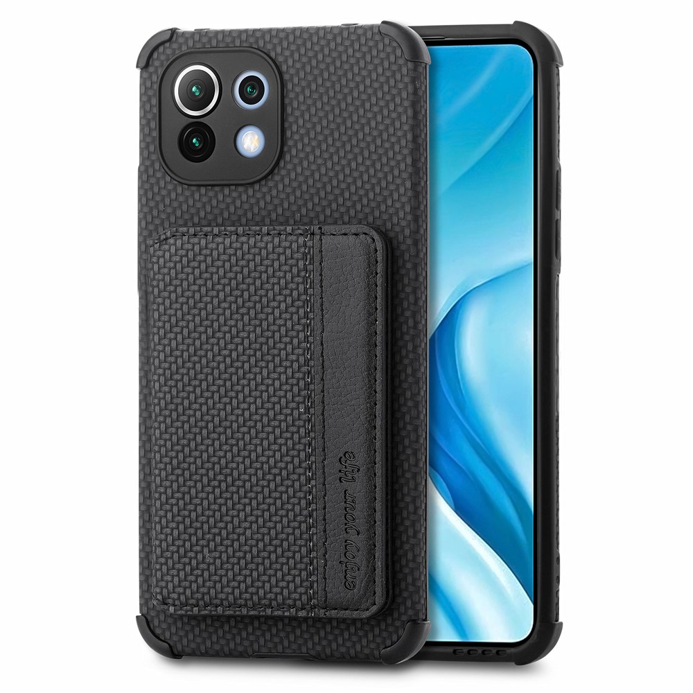 Porte-monnaie Magnet Intégré Feuille De Carbone Fibre De Carbone Texture Coque De Téléphone Hybride Coffret Coffret Avec Kickstand Pour Xiaomi MI 11 - Le Noir