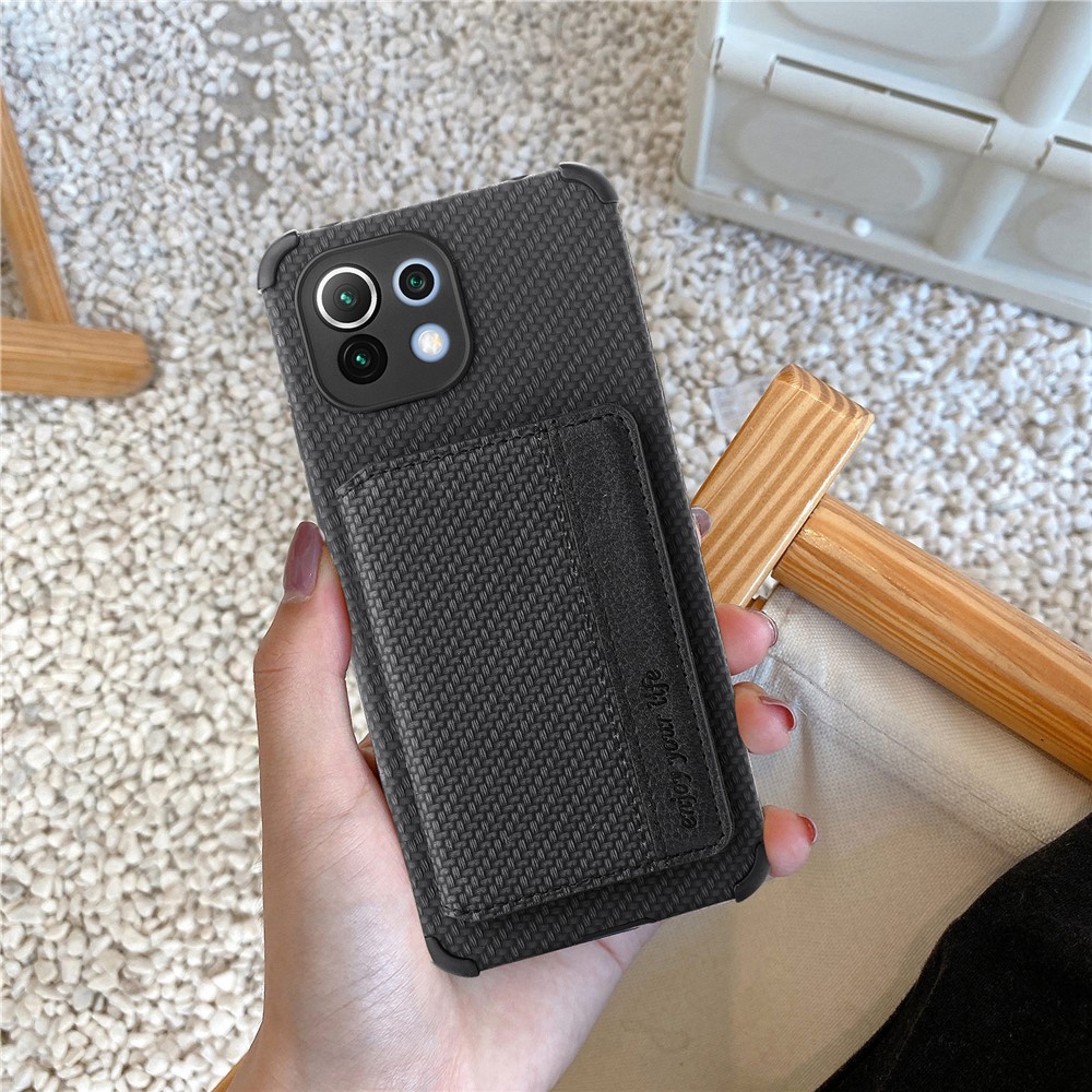 Wallet Design Built-in Magnet Sheet Woven Texture Leather Coated Hybrid Phone Cover Case with Kickstand for Xiaomi Mi 11 - Black-8