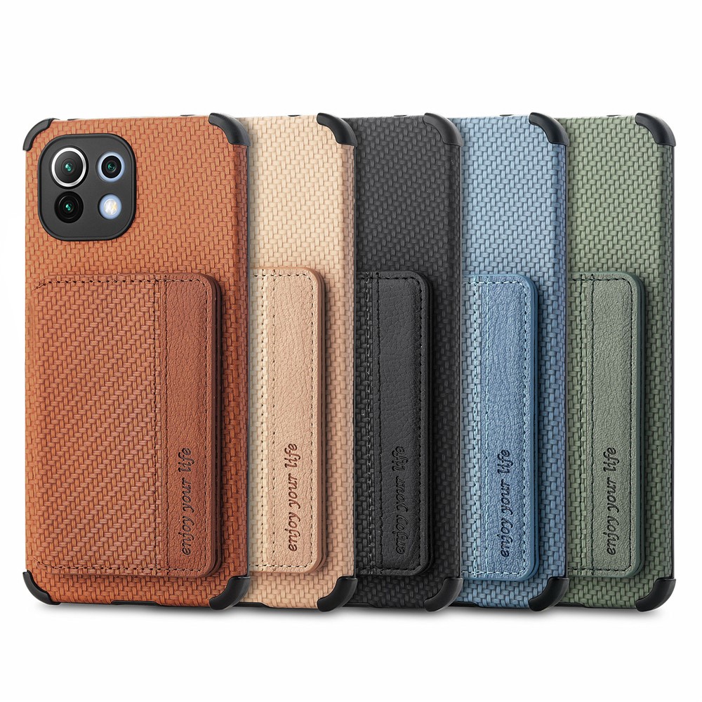 Porte-monnaie Magnet Intégré Feuille De Carbone Fibre De Carbone Texture Coque De Téléphone Hybride Coffret Coffret Avec Kickstand Pour Xiaomi MI 11 - Le Noir