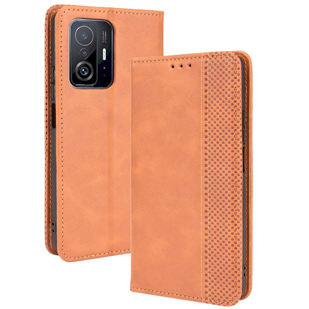 Retro Textured Surface Phone Leather Case Shockproof Leather Phone Wallet Stand Cover for Xiaomi 11T Pro / Xiaomi 11T - Brown-1