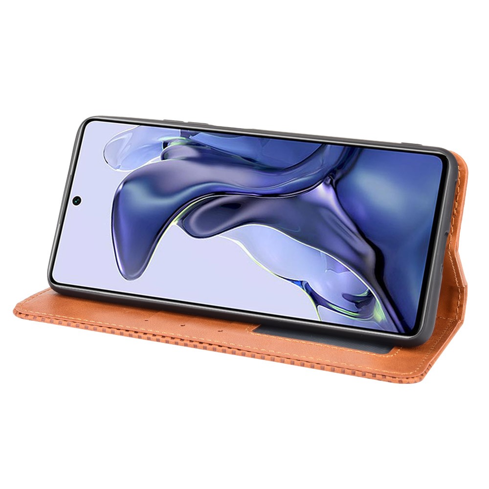 Retro Textured Surface Phone Leather Case Shockproof Leather Phone Wallet Stand Cover for Xiaomi 11T Pro / Xiaomi 11T - Brown-5