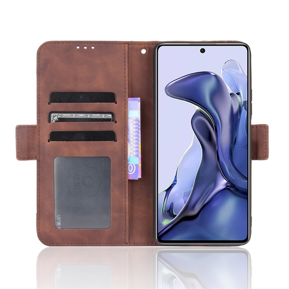 For Xiaomi 11T Pro / Xiaomi 11T Card Slot Design Shock Resistant Phone Cover Leather Phone Wallet Stand Protective Case - Brown-4