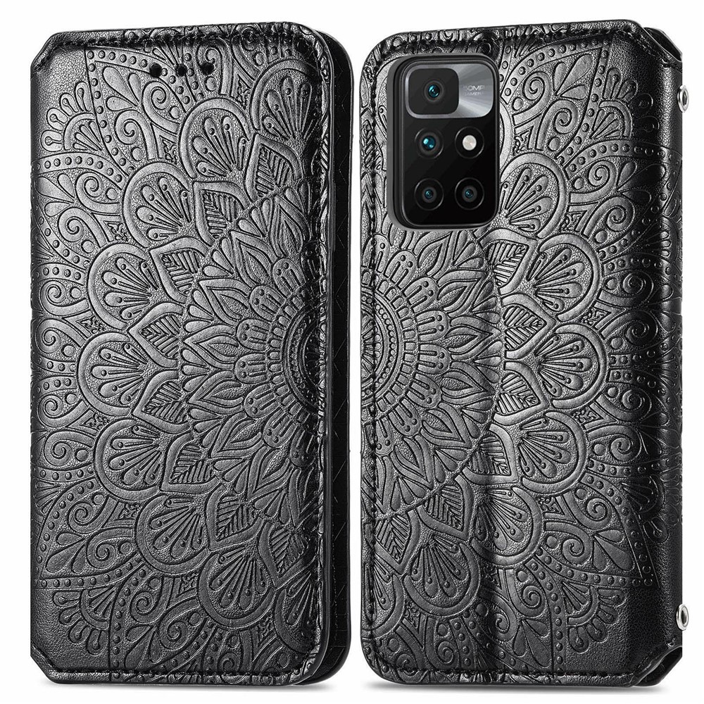 Wallet Stand Design Auto-absorbed Imprinting Mandala Flower Leather Phone Case Cover for Xiaomi Redmi 10/Redmi 10 Prime - Black-1