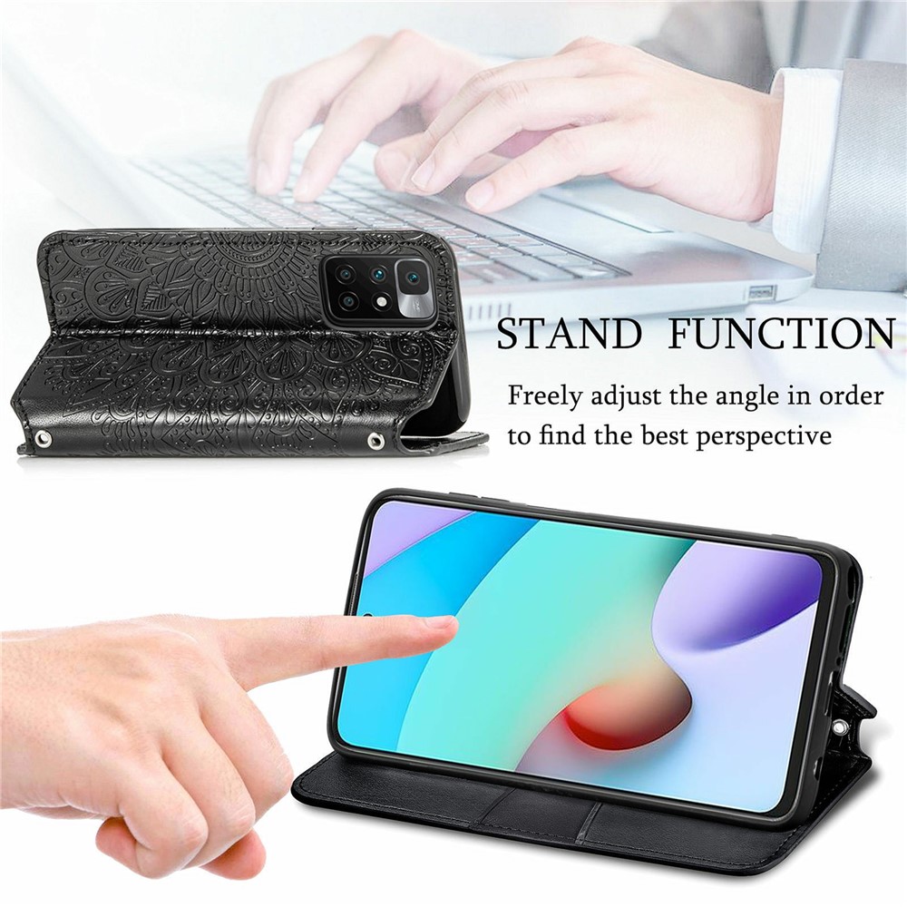 Wallet Stand Design Auto-absorbed Imprinting Mandala Flower Leather Phone Case Cover for Xiaomi Redmi 10/Redmi 10 Prime - Black-6