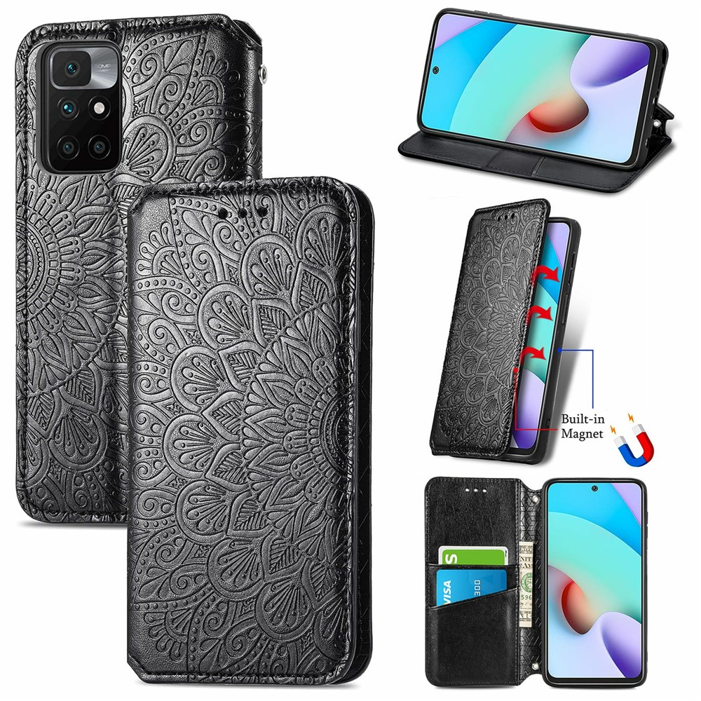 Wallet Stand Design Auto-absorbed Imprinting Mandala Flower Leather Phone Case Cover for Xiaomi Redmi 10/Redmi 10 Prime - Black-8
