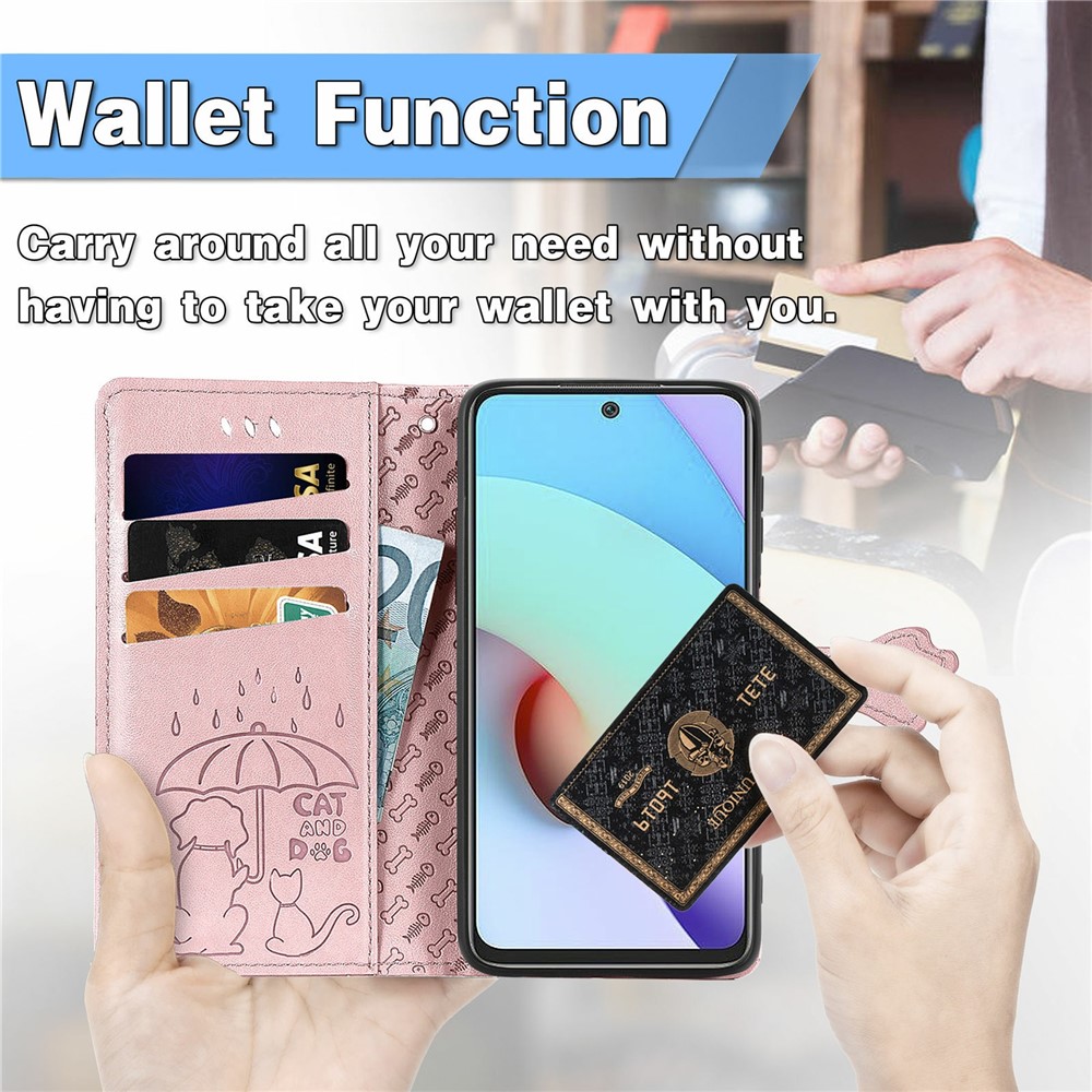 Stylish Cat Dog Pattern Imprint Magnetic Closure PU Leather Wallet Stand Case TPU Inner Shell Phone Cover for Xiaomi Redmi 10/10 Prime - Rose Gold-6