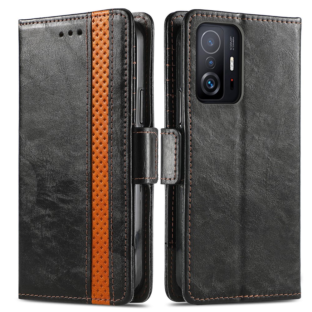 CASENEO 002 Series Shock Resistant Flip Phone Cover Business Style Splicing PU Leather Stand Wallet Case for Xiaomi 11T - Black-1