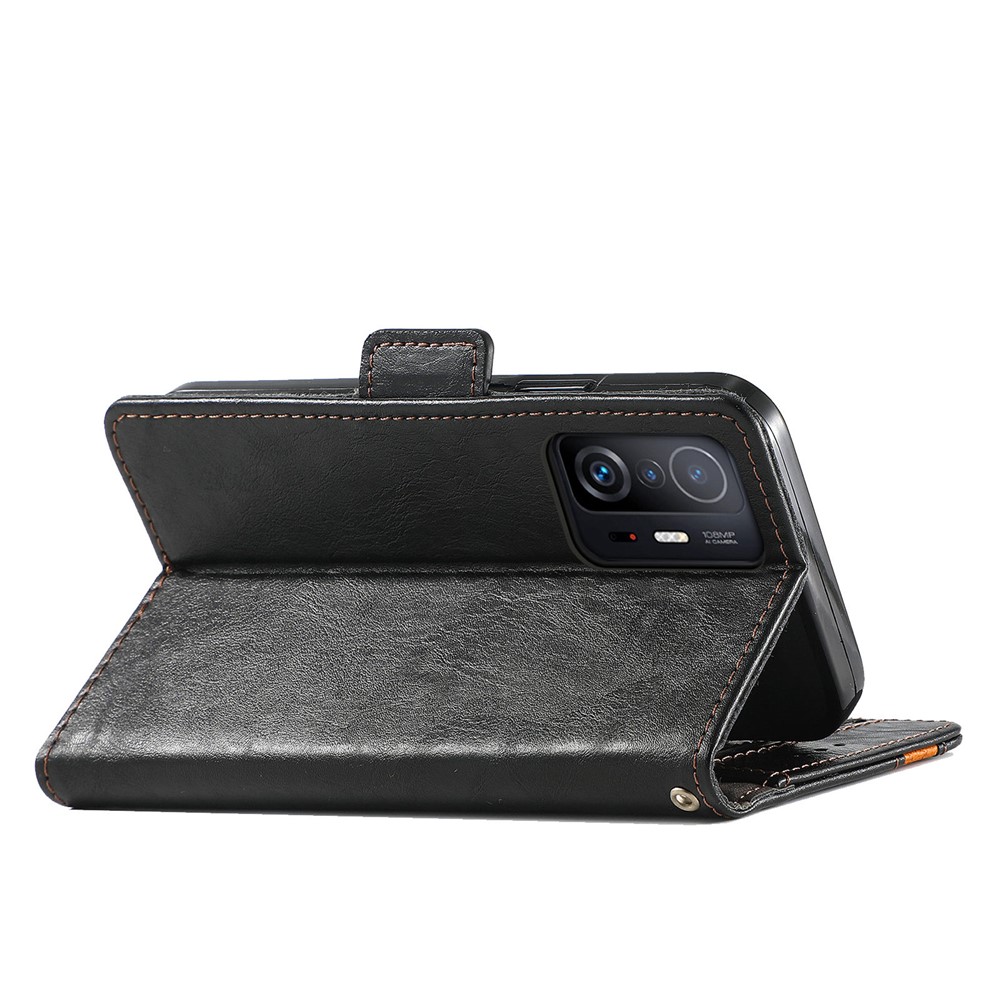 CASENEO 002 Series Shock Resistant Flip Phone Cover Business Style Splicing PU Leather Stand Wallet Case for Xiaomi 11T - Black-5