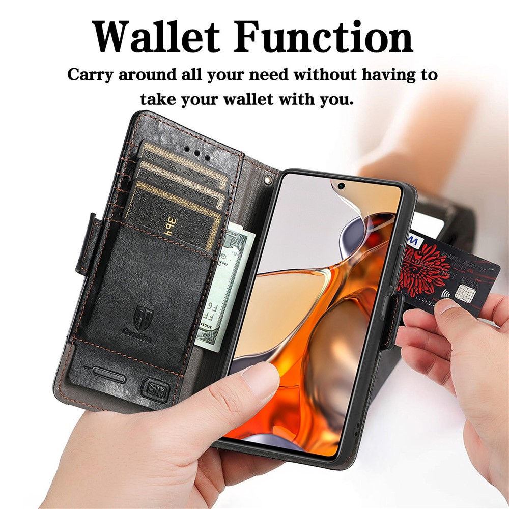 CASENEO 002 Series Shock Resistant Flip Phone Cover Business Style Splicing PU Leather Stand Wallet Case for Xiaomi 11T - Black-7