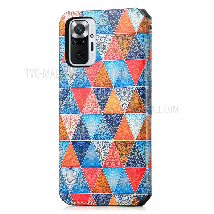 CASENEO 001 Series Adjustable Stand RFID Blocking Function Pattern Printing Leather Wallet Phone Cover Shell for Xiaomi Redmi Note 10 Pro 4G (Global)/(India) - Rhombus/Mandala-3