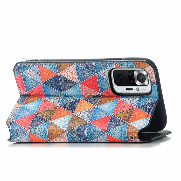 CASENEO 001 Series Adjustable Stand RFID Blocking Function Pattern Printing Leather Wallet Phone Cover Shell for Xiaomi Redmi Note 10 Pro 4G (Global)/(India) - Rhombus/Mandala-4