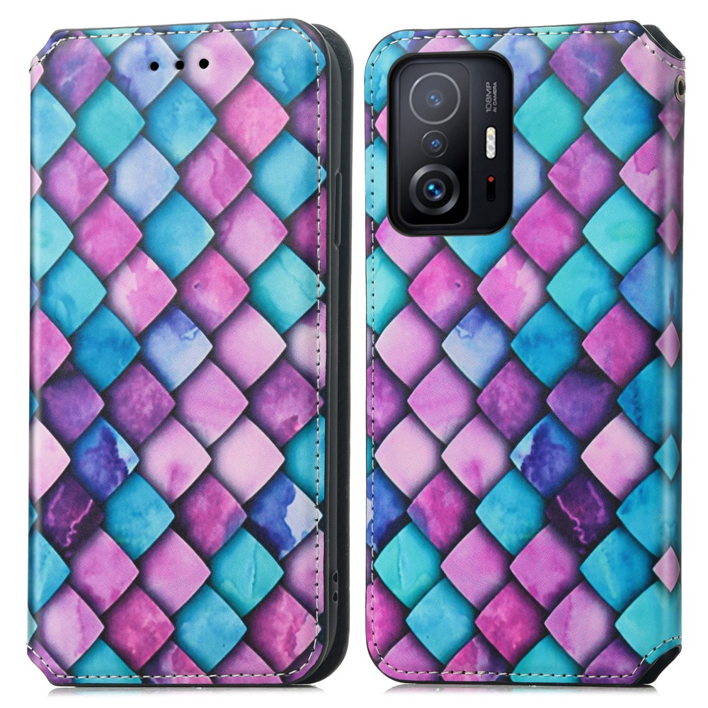 CASENEO 001 Series Unique Pattern Printing RFID Blocking Leather Phone Cover Shell with Wallet and Stand for Xiaomi 11T - Purple Scale-1