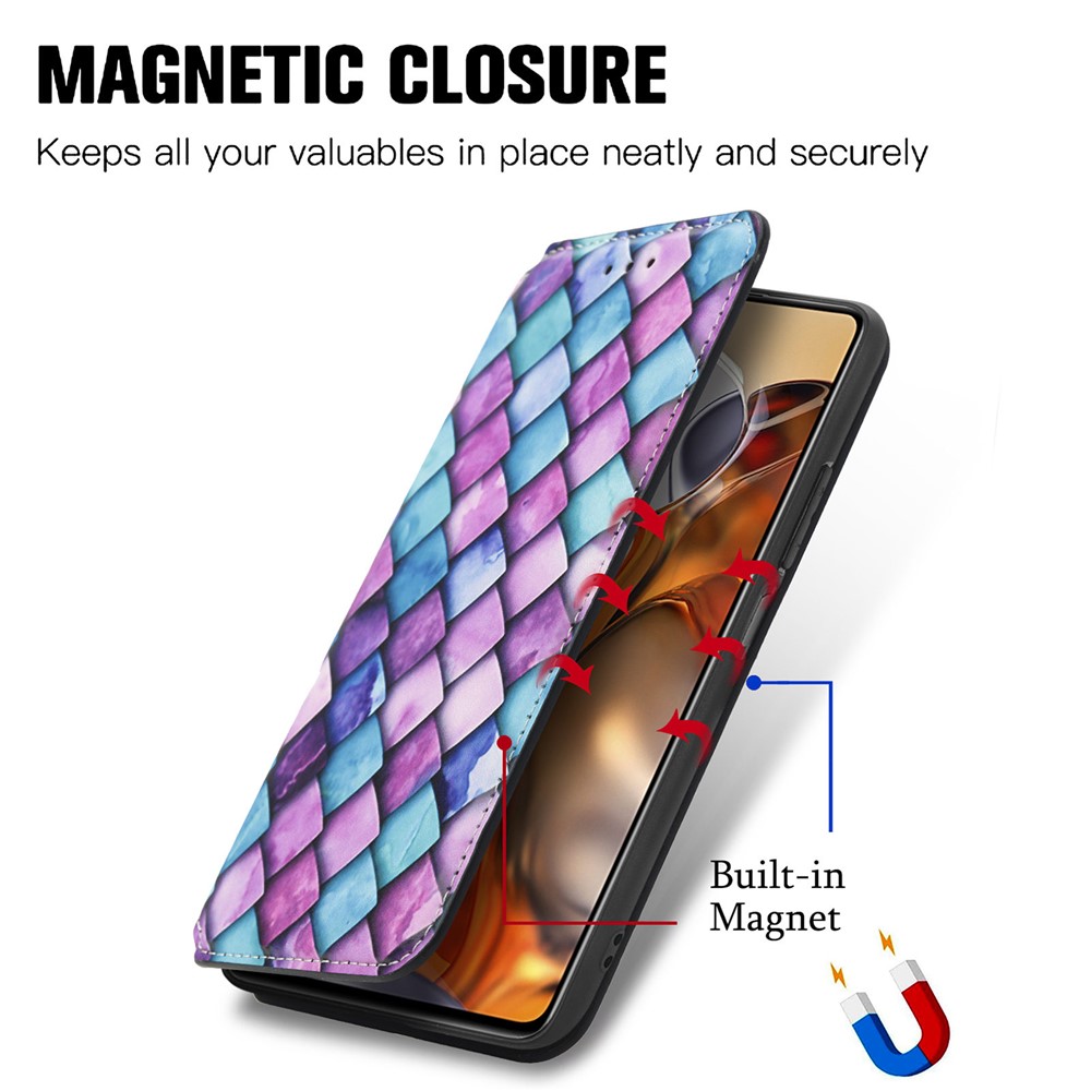 CASENEO 001 Series Unique Pattern Printing RFID Blocking Leather Phone Cover Shell with Wallet and Stand for Xiaomi 11T - Purple Scale-10