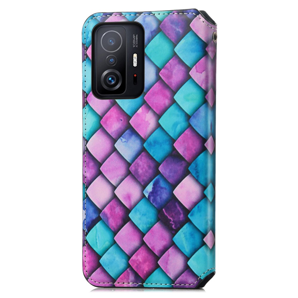 CASENEO 001 Series Unique Pattern Printing RFID Blocking Leather Phone Cover Shell with Wallet and Stand for Xiaomi 11T - Purple Scale-3