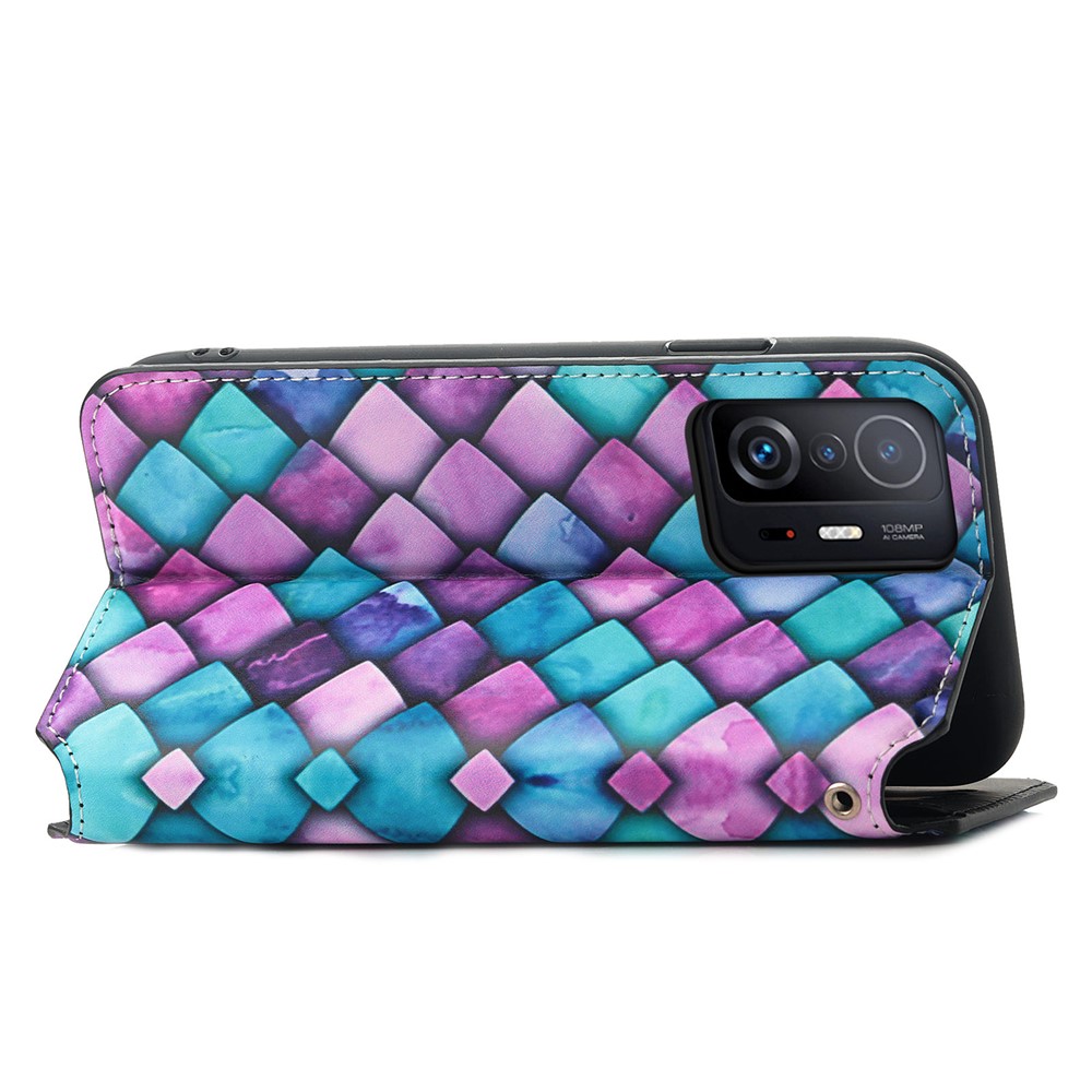 CASENEO 001 Series Unique Pattern Printing RFID Blocking Leather Phone Cover Shell with Wallet and Stand for Xiaomi 11T - Purple Scale-4