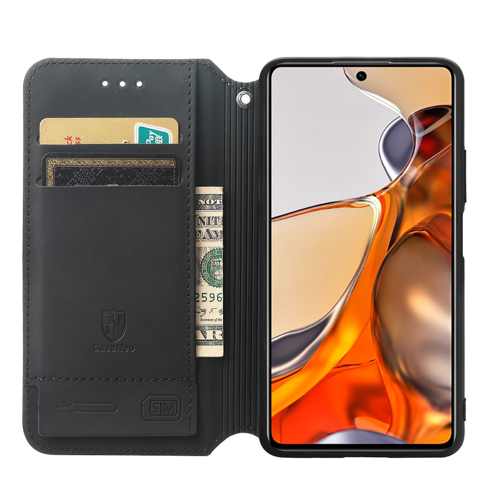 CASENEO 001 Series Unique Pattern Printing RFID Blocking Leather Phone Cover Shell with Wallet and Stand for Xiaomi 11T - Purple Scale-5