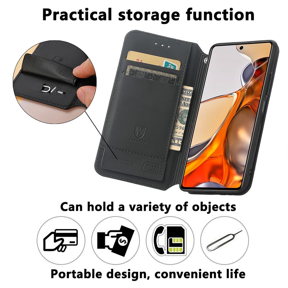 CASENEO 001 Series Unique Pattern Printing RFID Blocking Leather Phone Cover Shell with Wallet and Stand for Xiaomi 11T - Purple Scale-7