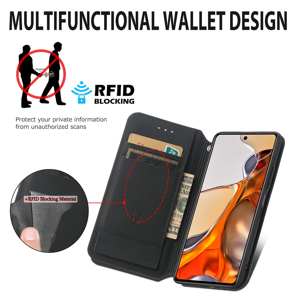 CASENEO 001 Series Unique Pattern Printing RFID Blocking Leather Phone Cover Shell with Wallet and Stand for Xiaomi 11T - Purple Scale-9