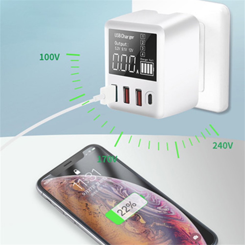 A9T+ USB+Type C 4-Port 40W Quick Charge Wall Adapter PD QC 3.0 Fast Charger with LCD Display - US Plug-2