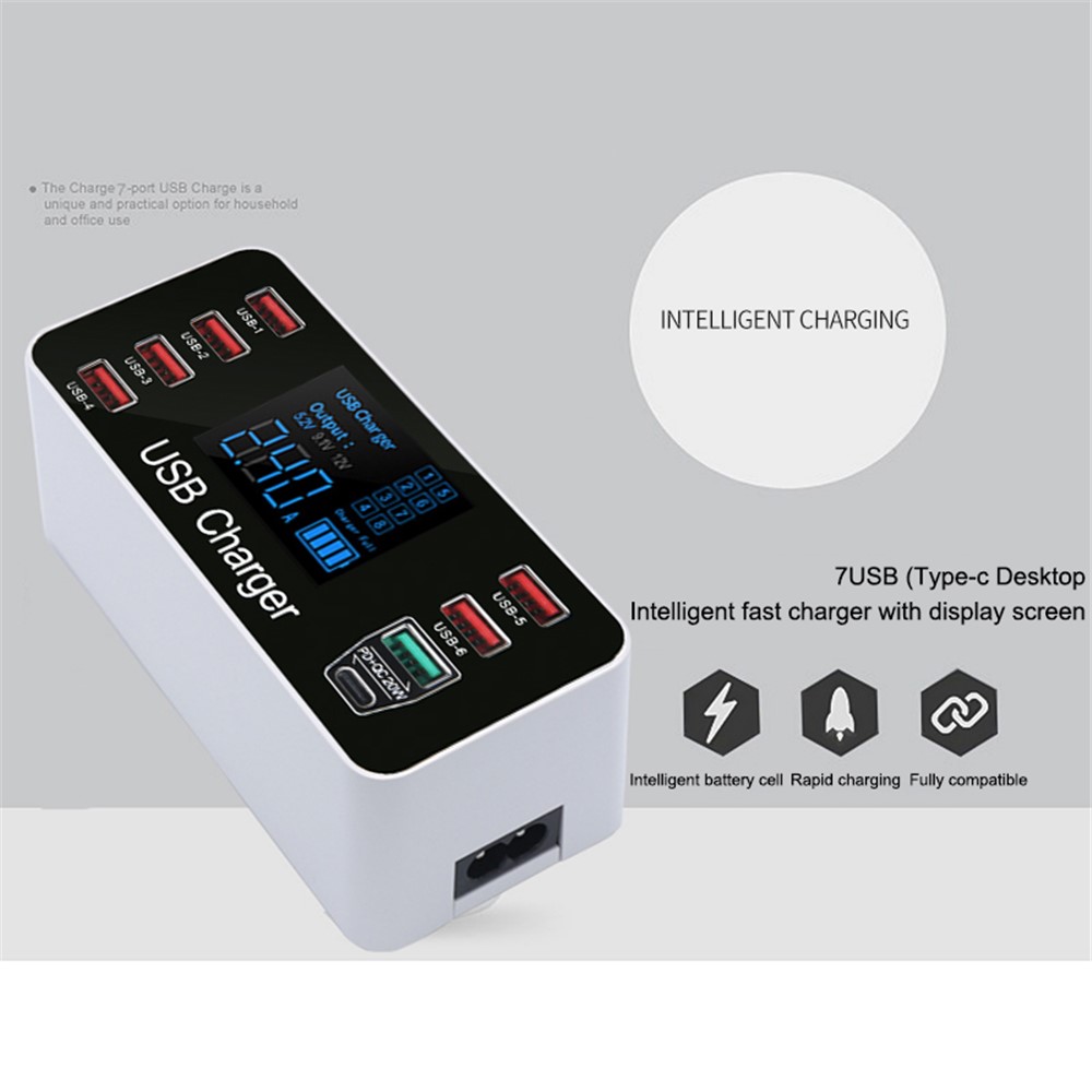 A9+ 8-Port USB+Type C 40W Quick Charge Adapter with LCD Display QC 3.0 Wall Charger - US Plug-2