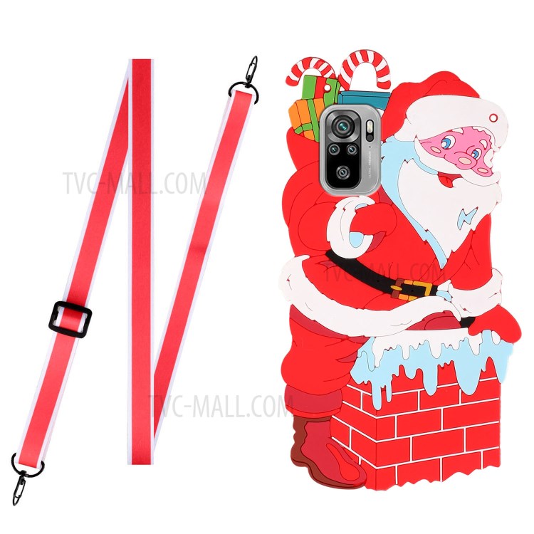 3D Effect Santa/Christmas Deer Pattern Phone Cover TPU + Silicone Hybrid Case with Long Lanyard for Xiaomi Redmi Note 10 4G/Note 10S - Santa-1