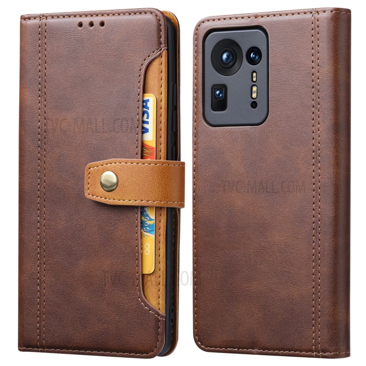 Wallet Stand Leather Protective Mobile Phone Cover Case with Outer Card Slot for Xiaomi Mix 4 - Brown-1