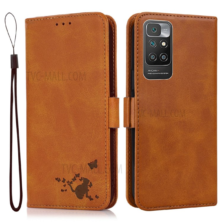 Cat and Butterfly Imprinted Stand Wallet Case Phone Guard Cover for Xiaomi Redmi 10/10 Prime - Orange-1