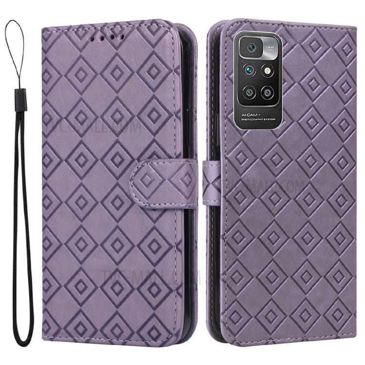 Grid Imprint PU Leather Flip Protective Phone Case Drop-resistant Stand Wallet Cover for Xiaomi Redmi 10/10 Prime - Purple-1
