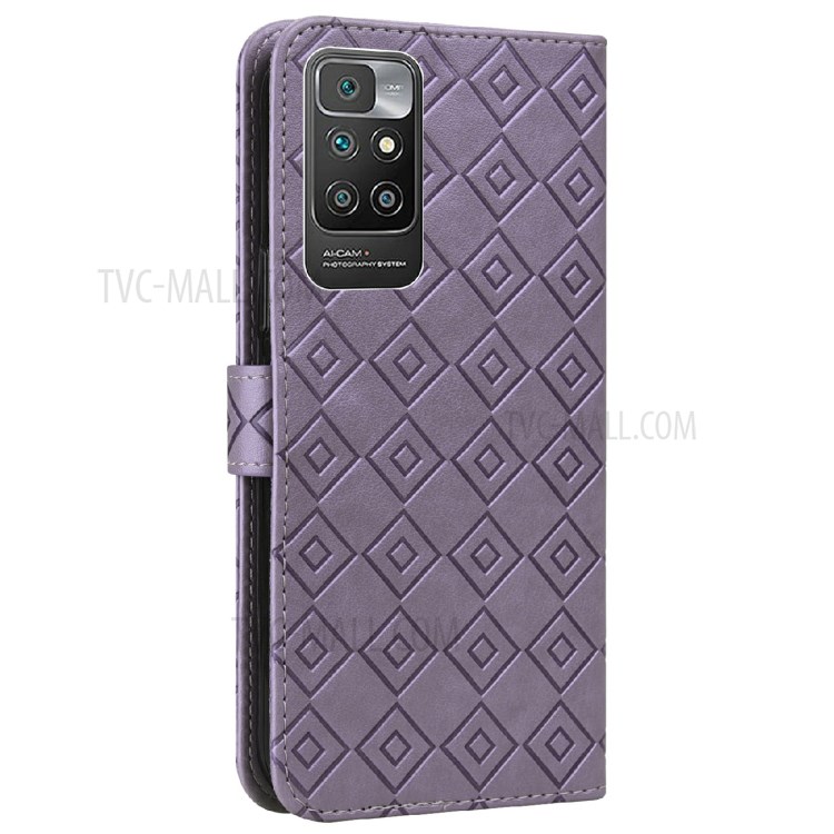 Grid Imprint PU Leather Flip Protective Phone Case Drop-resistant Stand Wallet Cover for Xiaomi Redmi 10/10 Prime - Purple-10