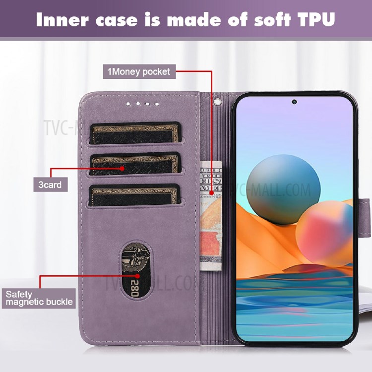 Grid Imprint PU Leather Flip Protective Phone Case Drop-resistant Stand Wallet Cover for Xiaomi Redmi 10/10 Prime - Purple-3