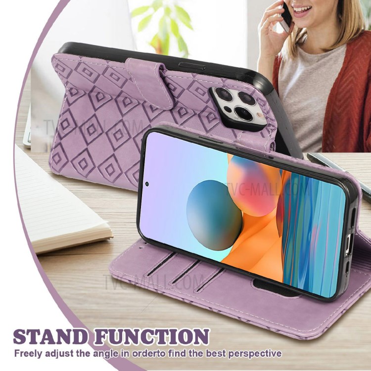 Grid Imprint PU Leather Flip Protective Phone Case Drop-resistant Stand Wallet Cover for Xiaomi Redmi 10/10 Prime - Purple-4