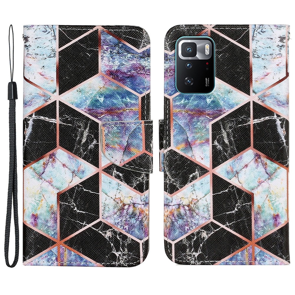 Folio Flip Magnetic Clasp Pattern Printing Leather Phone Case Wallet Stand Cover with Wrist Strap for Xiaomi Redmi Note 10 Pro 5G (China)/Poco X3 GT - Marble/Black-1