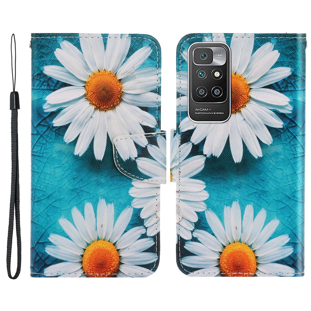 Pattern Printing PU Leather Magnetic Clasp Flip Folio Phone Guard Protective Wallet Stand Cover for Xiaomi Redmi 10/10 Prime - Chrysanthemum-1