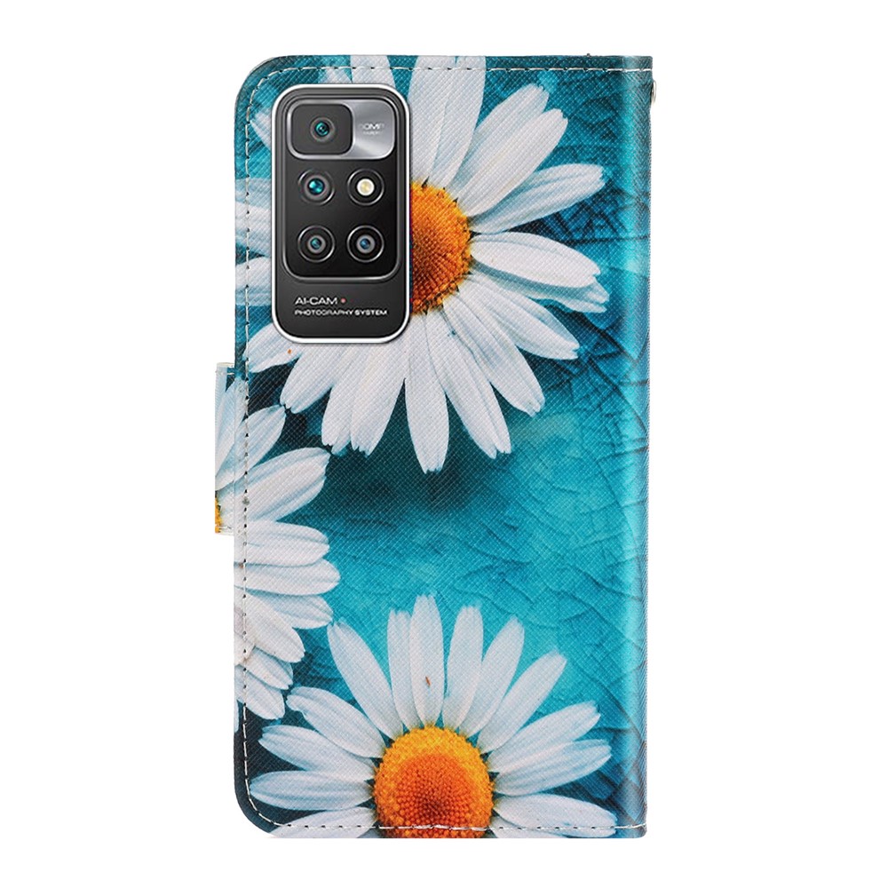 Pattern Printing PU Leather Magnetic Clasp Flip Folio Phone Guard Protective Wallet Stand Cover for Xiaomi Redmi 10/10 Prime - Chrysanthemum-3