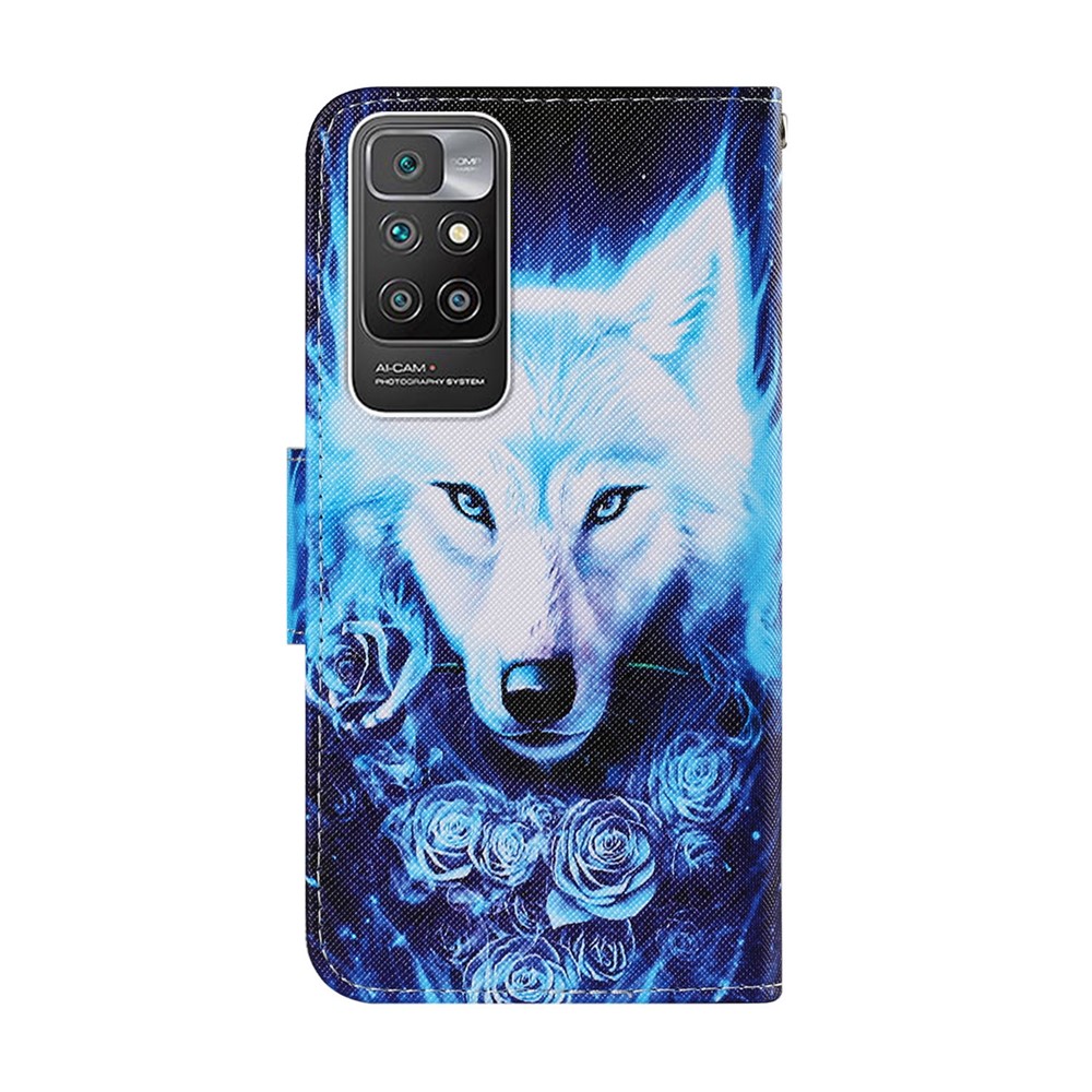 Pattern Printing Shockproof Leather Phone Case Wallet Cover with Wrist Strap for Xiaomi Redmi 10/Redmi 10 Prime - Rose and Wolf-3